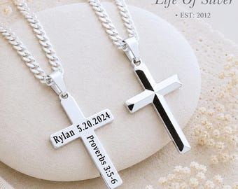 Solid Sterling Silver Engraved Cross Necklace for Men, Customized Name, Bible Verse, Date. Christian Jewelry. Choose Chain. Ref: 5142