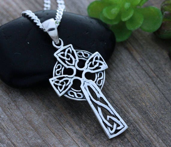 Sterling Silver Celtic Crucifix Pendant 1 3/8 x 3/4 inches with Heavy Curb Chain
