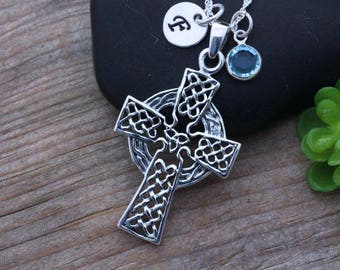 Celtic cross necklace, sterling silver celtic jewelry, celtic cross personalized with initials and/or birthstone, celtic Cross jewelry. C35