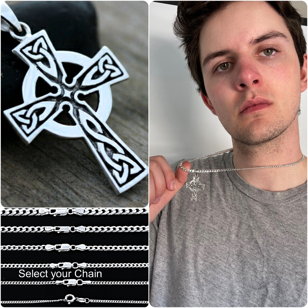 Mens Celtic Cross Necklace Sterling Silver Mens Irish Etsy