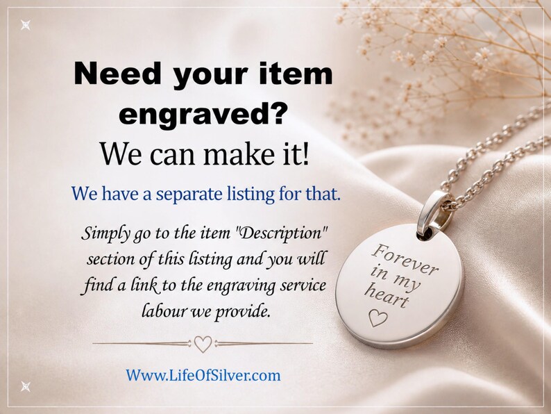May include: A silver circular pendant necklace engraved with the text Forever in my heart and a small heart symbol. The image includes text stating Need your item engraved? We can make it! We have a separate listing for that. Www.LifeOfSilver.com