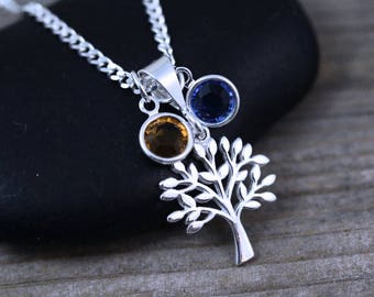 Sterling silver Family tree Necklace, Family Tree necklace With 2 personalized Birthstones or, initials Grandmother necklace, Mothers Gift