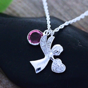 Guardian Angel Necklace. Sterling Silver Angel CZ Pendant & customized charm. Silver Angel, First communion, Baptism Gift. Choose chain