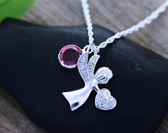 Collar de Ángel de la Guarda. Colgante de ángel de plata de ley con circonitas y dije personalizado. Ángel de plata, regalo de primera comunión y bautizo. Elige la cadena.