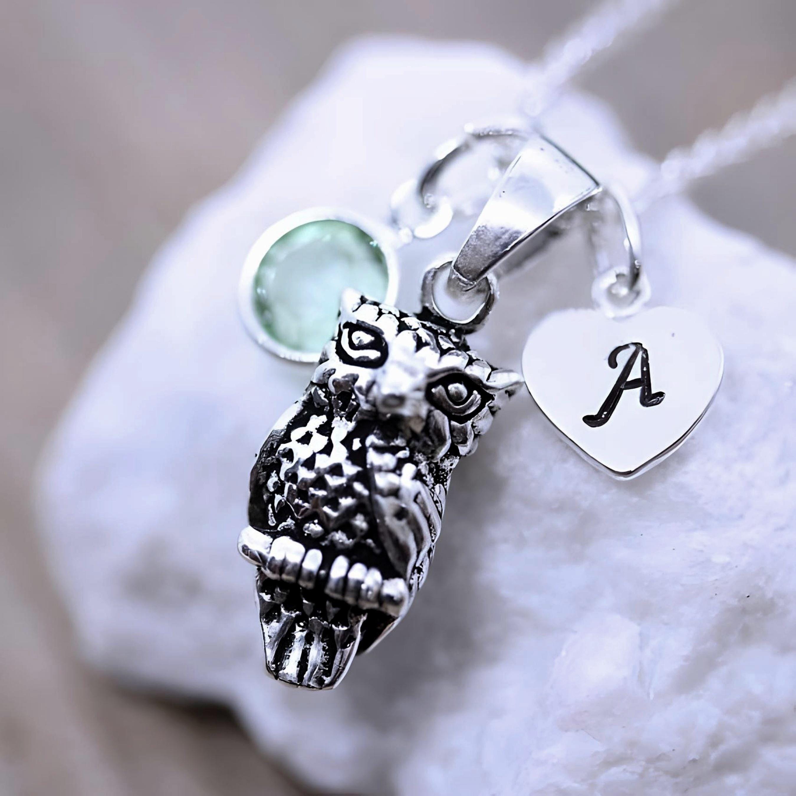 Sterling Silver Owl Necklace, Silver Owl Necklace, Select initial OR birthstone, Silver Owl Jewelry.