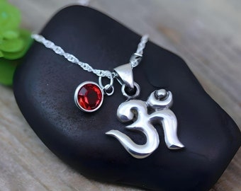 Yoga Jewelry, Sterling Silver OM Necklace Personalized Initial & Birthstone - OM Necklace, buddhist necklace