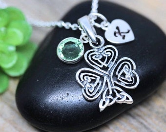 Small Shamrock necklace & initial Birthstone, saint patricks day, iraland , st patricks charm Symbol, Saint Patricks clover. Sm