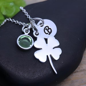 STERLING Silver Clover Necklace personalized with Birthstone-SHAMROCK, Four Leaf Necklace, Good luck Irish jewelry, Gift ideas image 3