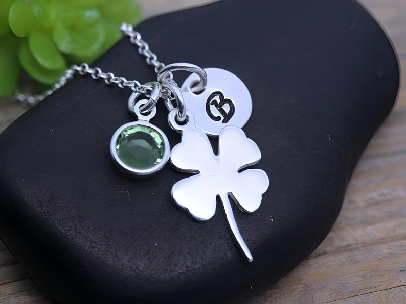 STERLING Silver Clover Necklace personalized with Birthstone-SHAMROCK, Four Leaf Necklace, Good luck Irish jewelry, Gift ideas image 3