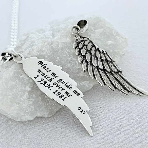 Engraved Wing. Sterling Silver Wing Necklace. Customized Wing pendant. Silver Angel Wing. Personalized memorial Wing. Choose Sterlin chain