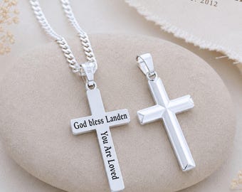 Personalized Cross Necklace Solid Sterling Silver Customized Men Classic Cross UNISEX. Choose Thick Chain Men, Thin Chain Women Kids. 5142 #