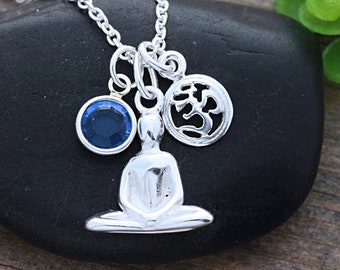 Sterling silver Yoga Buddha meditation Necklace with OM Charm and Birthstone, OM Yoga Symbol. Yoga Jewelry. Yoga Meditation pose Necklace