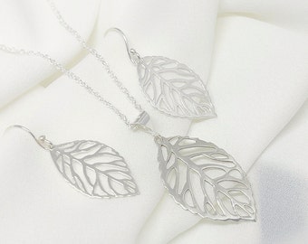 Sterling Silver Leaf Necklace and Earrings. STERLING Silver Earrings Set Necklace and Earrings Leaves Set