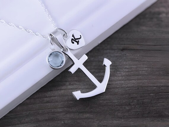 Sterling Silver Anchor, Sterling Anchor Necklace Initial & Birthstone, Nautical Jewelry, Antique Anchor Upon request. Choose chain
