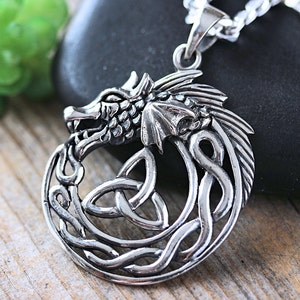 Large Sterling Silver Dragon Necklace, Trinity Celtic Dragon Pendant ...