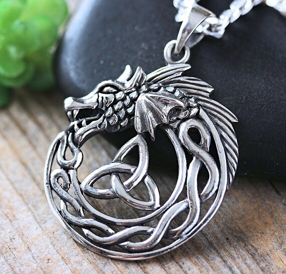 Large Sterling Silver Dragon Necklace Trinity Celtic - Mens Sterling Silver Dragon Pendant Large Sterling Silver Dragon Necklace Trinity Celtic - Mens Sterling Silver Dragon Pendant