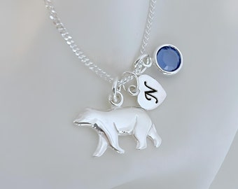 Sterling silver Bear Necklace, Polar Bear Pendant Personalized initial Birthstone & Sterling silver Italian Chain choose chain, Bear Jewelry