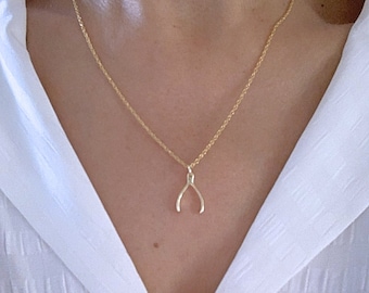 Gold Vermeil Wishbone Necklace, Lucky Charm Pendant. Choose a Chain