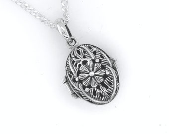 Flower Oval locket, Sterling silver Locket Necklace, Choose Sterling Italy chain, Silver Oval Locket, 37