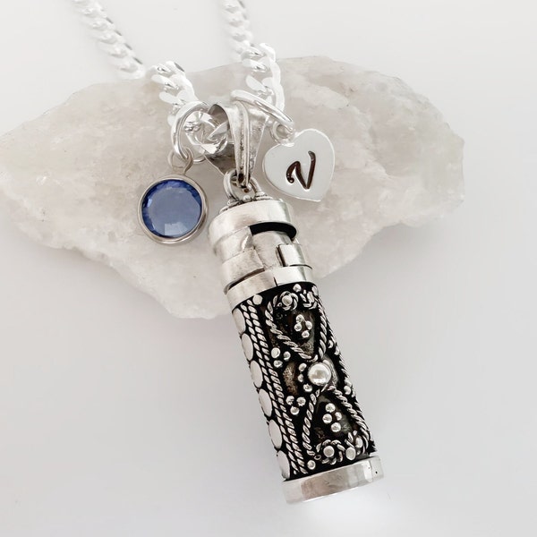 Sterling Silver Tube Necklace. Memorial Cremation Ashes Urn Pendant. cremation jewelry. Choose initial birthstone chain. Rf-925