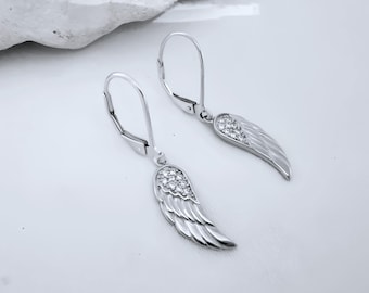 Wings Earrings, Sterling Silver Angel Wings Earrings, Leverback or Hook CZ Angel Wing Earrings. Hypoallergenic Earring, No Nickel/Lead