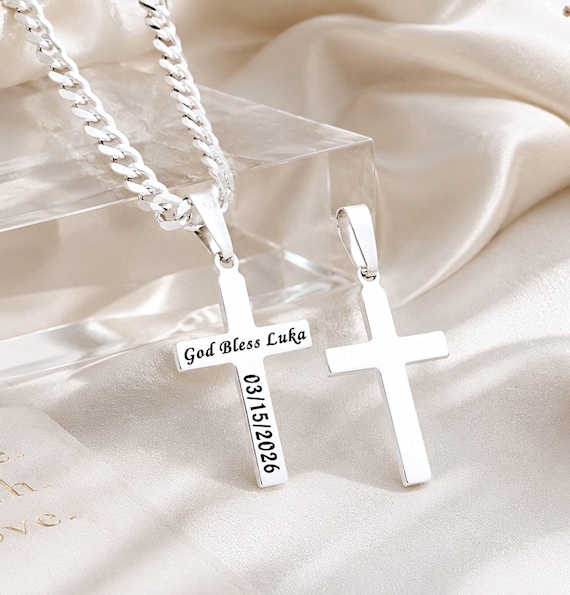 Personalized Laser Engraving Small Cross, Sterling Silver