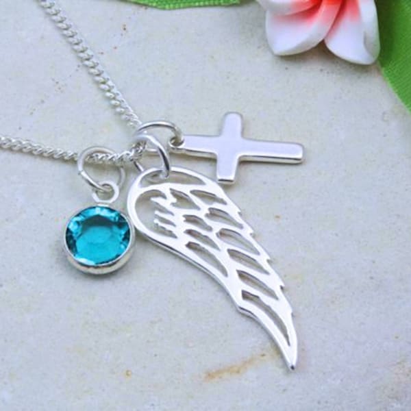 Sterling Silver  Angel Wing necklace, guardian Angle wing pendant - Personalized Birthstone and initial. Wing jewelry. Choose chain