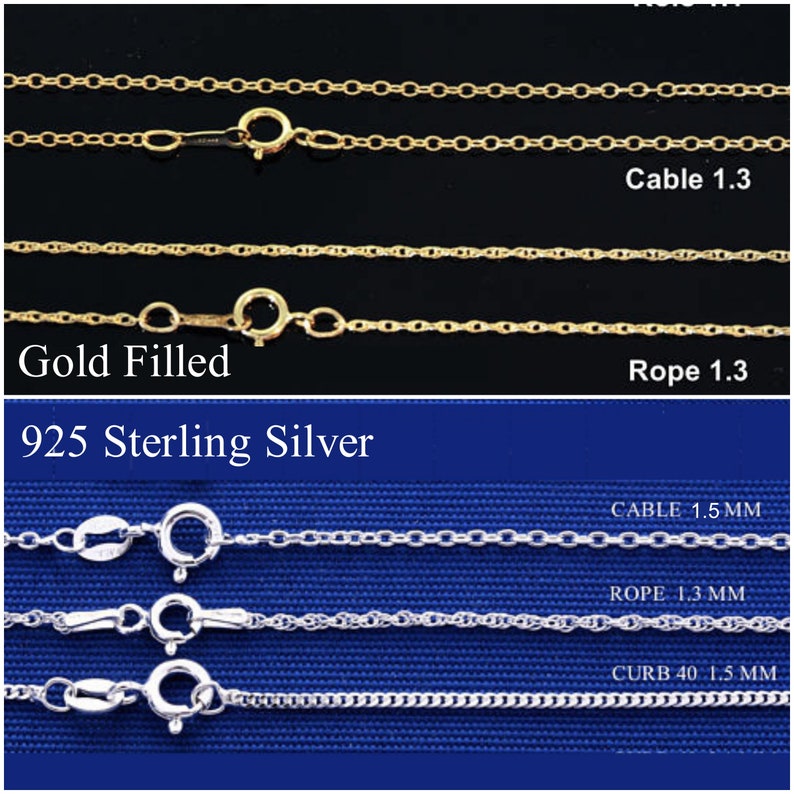 May include: A comparison of different chain styles for necklaces in gold filled and sterling silver. The gold filled chains include a cable chain and a rope chain, both 1.3 mm in width. The sterling silver chains include a cable chain, 1.5 mm wide, a rope chain, 1.3 mm wide, and a curb chain, 1.5 mm wide.