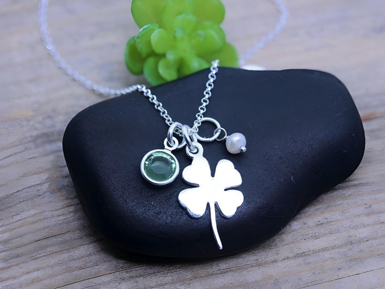 STERLING Silver Clover Necklace personalized with Birthstone-SHAMROCK, Four Leaf Necklace, Good luck Irish jewelry, Gift ideas image 5