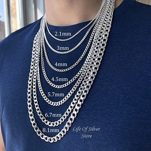 Men chain necklace 925 Sterling silver ITALIAN Curb Chains. Sterling Cuban. Links: 1.5mm, 1.7mm, 2.1mm, 4mm, 4.5mm, 5.6mm. Leather necklace image 1