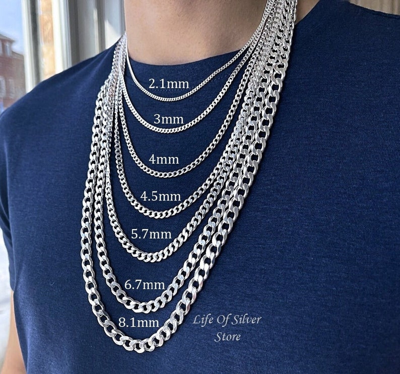 Men chain necklace 925 Sterling silver ITALIAN Curb Chains. Sterling Cuban. Links: 1.5mm, 1.7mm, 2.1mm, 4mm, 4.5mm, 5.6mm. Leather necklace image 1