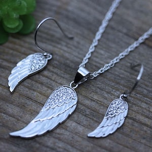 Set Sterling silver Angel Wing Necklace and Earrings. silver Angel Wing, Guardian Angel Wings necklace & Earrings with CZ,