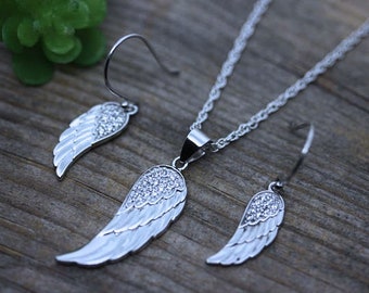 Set Sterling silver Angel Wing Necklace and Earrings. silver Angel Wing, Guardian Angel Wings necklace & Earrings with CZ,