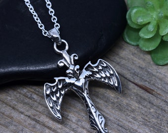 Guardian Angel wing necklace, Sterling silver Angel winged Cross Necklace,  Silver Angel Cross. Choose chain