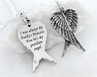 Sterling Silver Angel Wing Necklace Engraved Guardian Pendant Necklace Unisex Thick Chain Men (Longer Lengths Available) Thin for Women