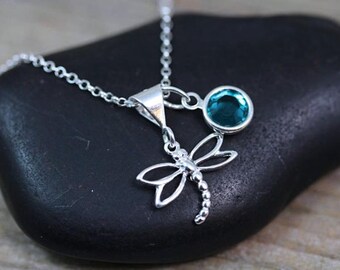 Small Dragonfly Necklace. Choose a charm Personalized Birthstone OR initial, Symbol Change and Transformation