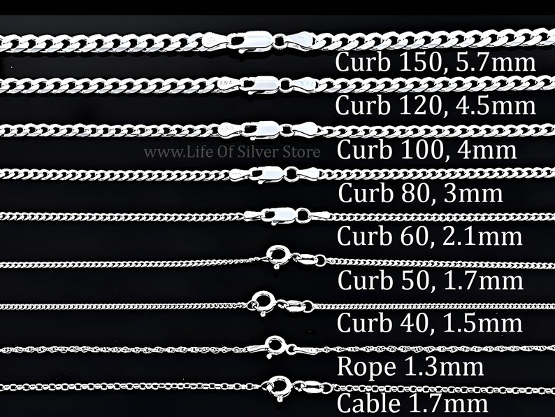 May include: A collection of silver-toned metal chains arranged horizontally. The list includes Curb 150 (5.7mm), Curb 120 (4.5mm), Curb 100 (4mm), Curb 80 (3mm), Curb 60 (2.1mm), Curb 50 (1.7mm), Curb 40 (1.5mm), Rope (1.3mm), and Cable (1.7mm).