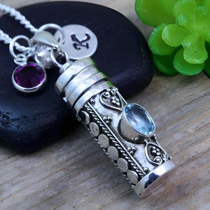Sterling silver Prayer box necklace, Urn Memorial necklace. With Aquamarine Stone. CHOOSE Initial, birthstone, Ashes necklace. Choose chain