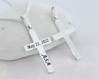 Personalized Engraved Cross Necklace. Sterling Silver Customized Cross, first communion Cross Pendant. Boys Cross Girls Baptism gifts. 5152