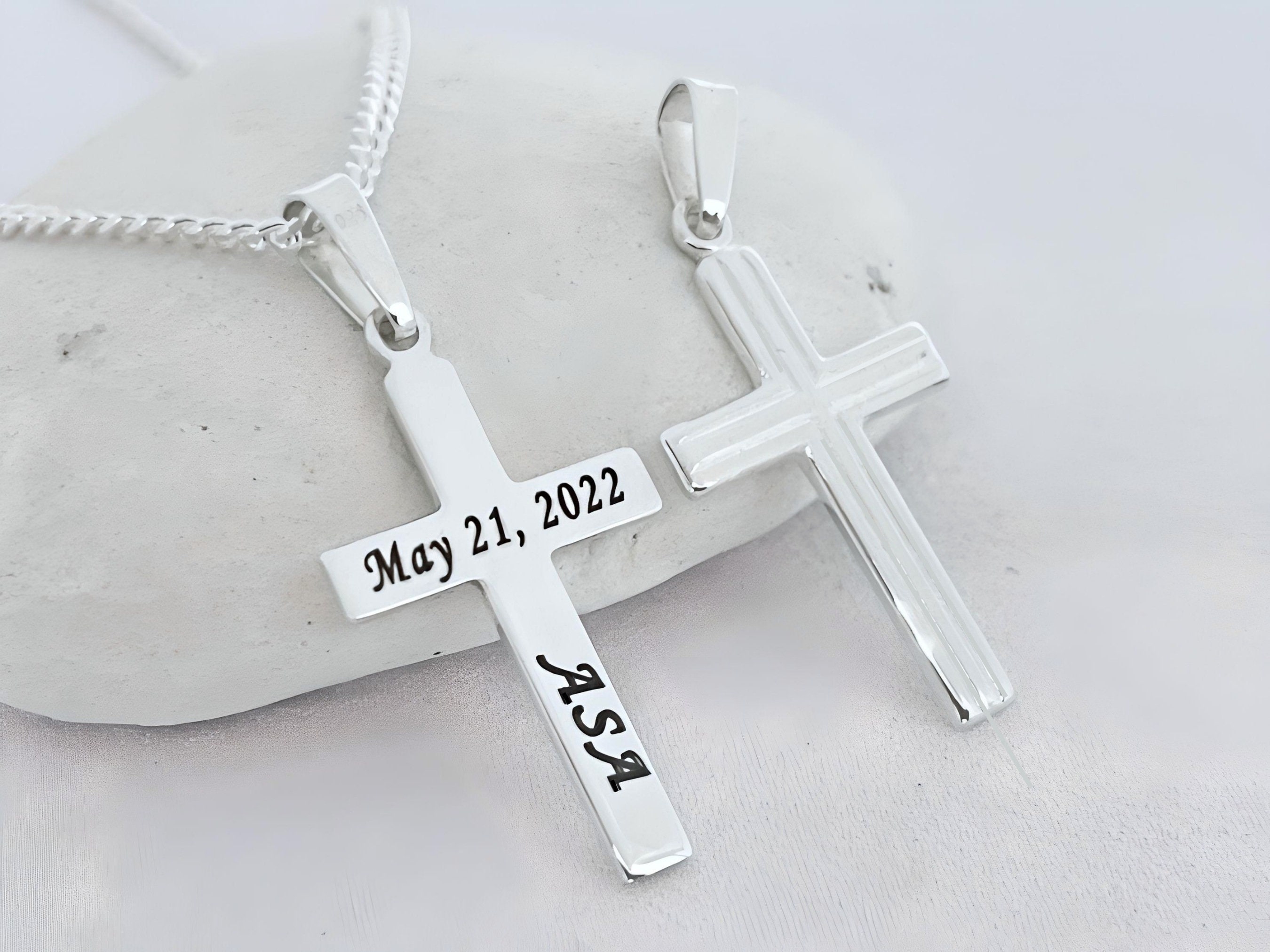 Mens silver cross necklace engraved deals