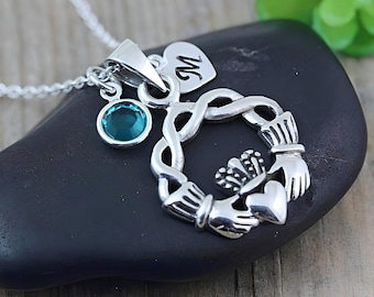Sterling Claddagh Necklace, Personalized jewelry Initial & Birthstone Necklace, Silver Celtic Knot, Love, Loyalty, friendship symbol