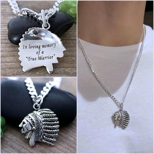 FREE Laser Engraved Indian Sterling Silver, Choose Sterling Silver chain men women. Customized Silver Indian head. Customized Chief pendant