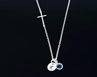 Initial Birthstones necklace Sterling Silver, Side Cross with initial and Birthstone customized initial & Birthstones. small cross necklace