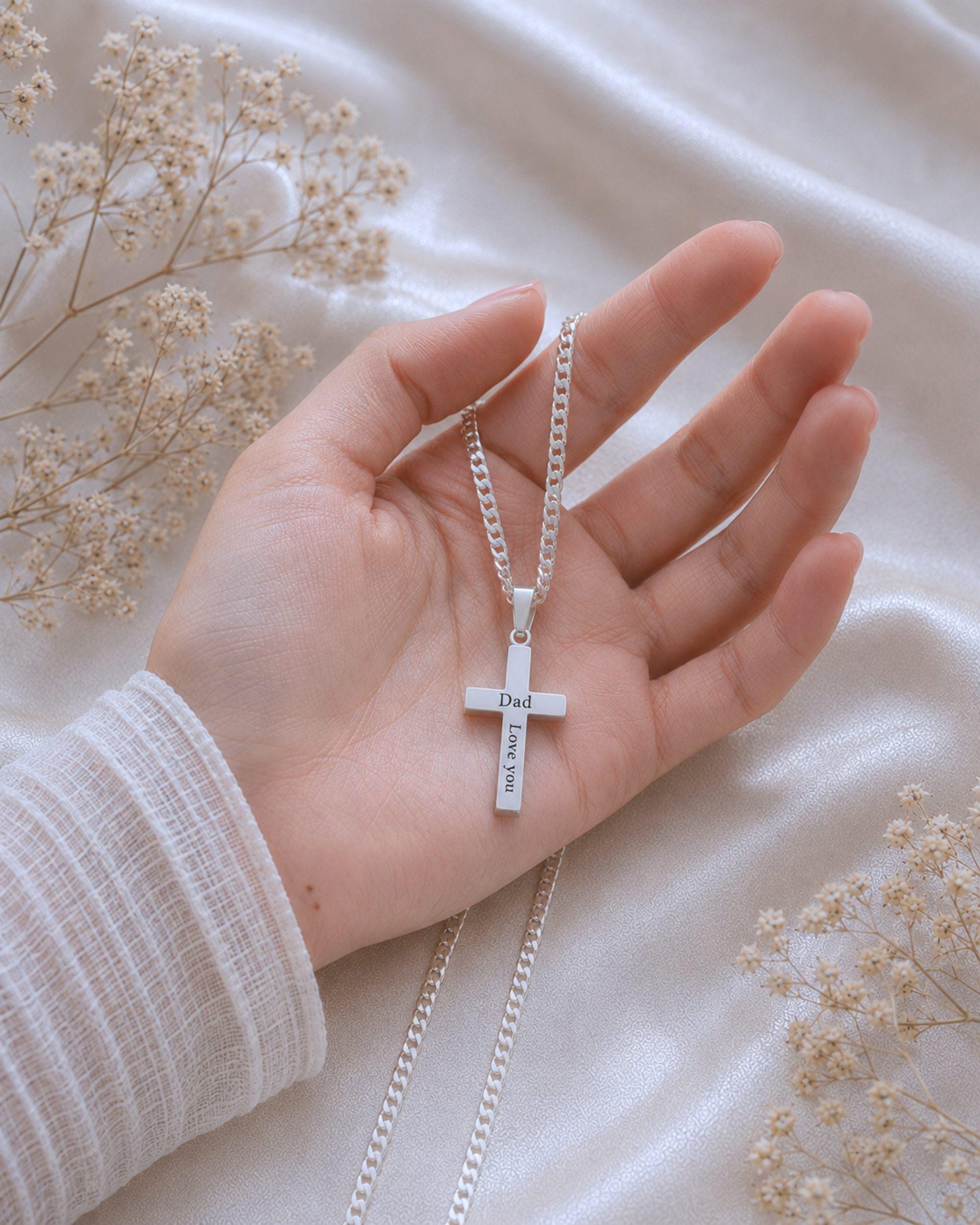 Personalized Laser Engraving Small Cross, Sterling Silver