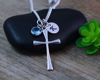 Sterling Small Cross Necklace, Personalized Choose Initial & Birthstone, Italian chains, Girl Cross Jewelry.  R-5173