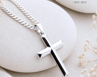 Collar unisex con colgante de cruz de plata de ley maciza y opción de cadena gruesa. Seleccione la cadena. R: 5142