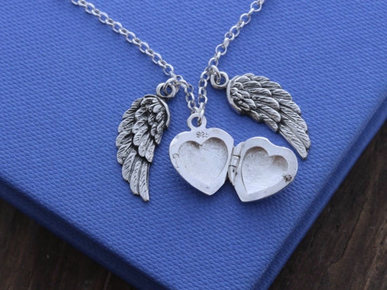 Angel Wing Locket Necklace, Sterling Silver Guardian Angel Locket Necklace Select Size Small Locket 12mm or Medium locket 14mm. image 3