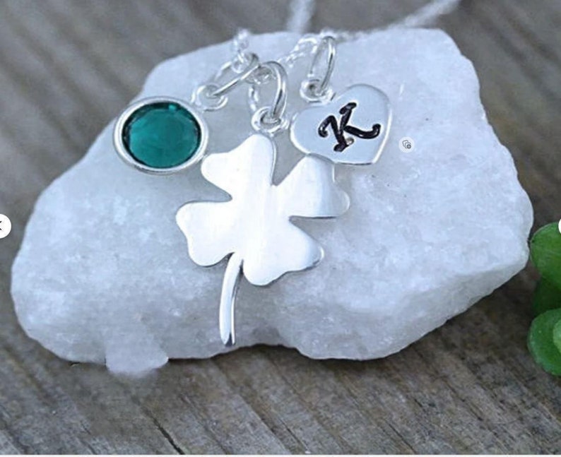 STERLING Silver Clover Necklace personalized with Birthstone-SHAMROCK, Four Leaf Necklace, Good luck Irish jewelry, Gift ideas image 4