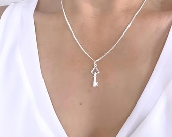 Sterling Silver Key Necklace Small Skeleton Key Necklace Antique Style Key Necklace, Skeleton Key Jewelry. Choose chain