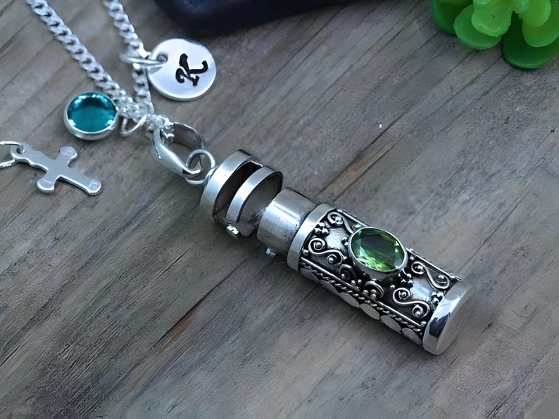 925 Sterling silver Urn necklace with Peridot Semi-Precious Mineral Stone, Urn Pendant necklace, Choose Chain, Initial Birthstone image 5